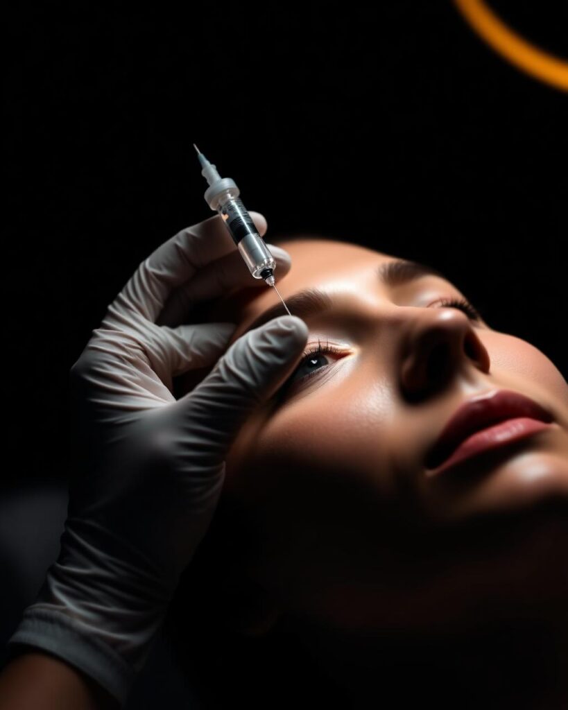 Gloved hand injects a needle into the forehead of a woman in profile against a dark background. Botox East Haven