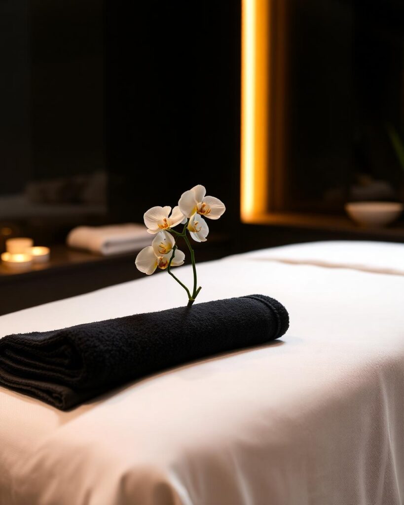 A white orchid rests on a folded black towel atop a clean massage table in a dimly lit spa.