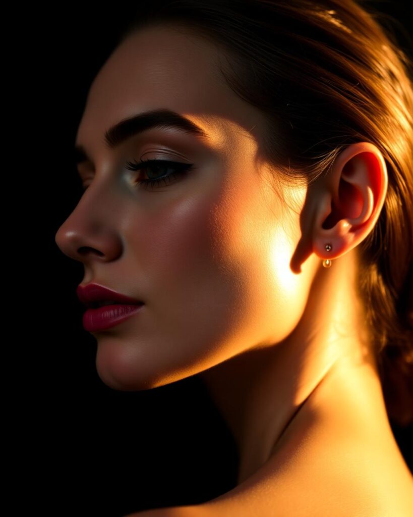 Profile of a woman's face with dramatic golden lighting illuminating her cheek, lips, and ear.