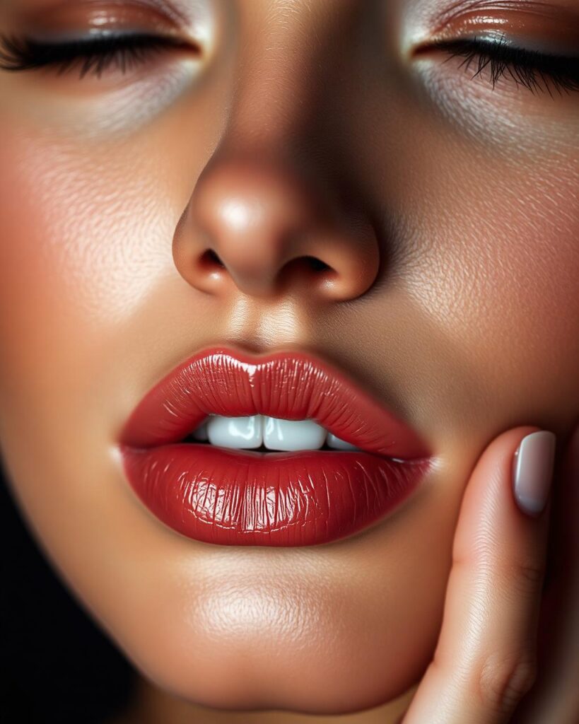 Close-up of a woman's face with glossy red lipstick, closed eyes, and a finger touching her cheek.