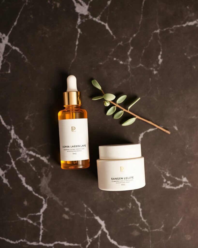 A dropper bottle of amber serum and a white jar of cream sit on a dark marble surface next to a small green sprig.